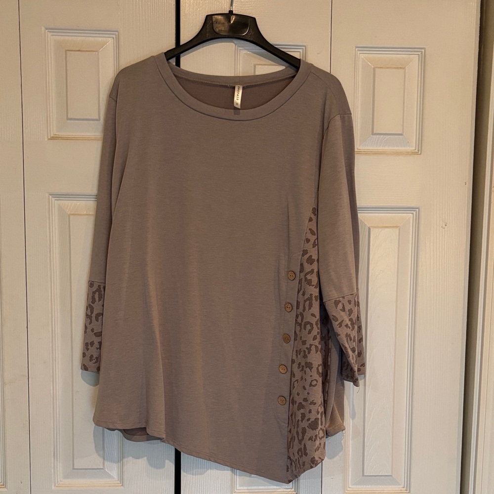 Emerald Taupe Long Sleeve Top with Leopard Accents